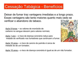 Após 8 horas  -  os valores de monóxido de carbono no sangue descem para valores normais; Após 1 ano  – o risco de doença coronária reduz para metade do verificado nos fumadores que continuam a fumar; Após 10 anos  – o risco de cancro do pulmão é cerca de  metade do de um fumador; Após 15 anos  – o risco de doença coronária è igual ao de um não fumador. Deixar de fumar traz vantagens imediatas e a longo prazo. Essas vantagens são tanto maiores quanto mais cedo se verificar o abandono do tabaco. Cessação Tabágica - Benefícios 