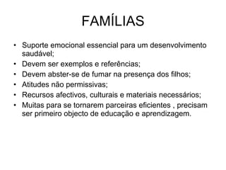 FAMÍLIAS Suporte emocional essencial para um desenvolvimento saudável; Devem ser exemplos e referências; Devem abster-se de fumar na presença dos filhos; Atitudes não permissivas;  Recursos afectivos, culturais e materiais necessários; Muitas para se tornarem parceiras eficientes , precisam ser primeiro objecto de educação e aprendizagem. 