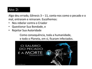 Ato 2:
Queda.Algo deu errado, Gênesis 3 – 11, conta-nos como o pecado e o
mal, entraram e reinaram. Escolhemos:
• Nos rebelar contra o Criador
• Questionar Sua Bondade, e
• Rejeitar Sua Autoridade
Como consequência, toda a humanidade,
e todo o Planeta, em si, ficaram infectados.
 