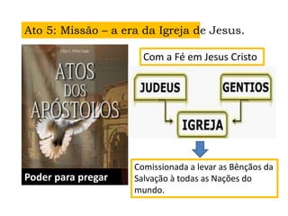 Ato 5: Missão – a era da Igreja de Jesus.
Poder para pregar
Com a Fé em Jesus Cristo
Comissionada a levar as Bênçãos da
Salvação à todas as Nações do
mundo.
 