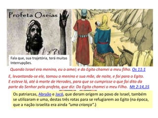Quando Israel era menino, eu o amei; e do Egito chamei a meu filho. Os 11:1
E, levantando-se ele, tomou o menino e sua mãe, de noite, e foi para o Egito.
E esteve lá, até à morte de Herodes, para que se cumprisse o que foi dito da
parte do Senhor pelo profeta, que diz: Do Egito chamei o meu Filho. Mt 2:14,15
Fala que, sua trajetória, terá muitas
Interrupções.
Os patriarcas, Abraão e Jacó, que deram origem ao povo de Israel, também
se utilizaram e uma, destas três rotas para se refugiarem ao Egito (na época,
que a nação israelita era ainda “uma criança”.)
 