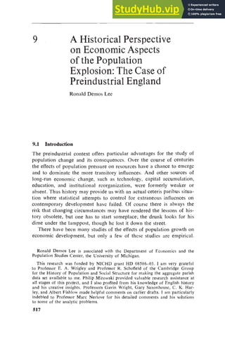 A Historical Perspective On Economic Aspects Of The Population Explosion  The Case Of Preindustrial England