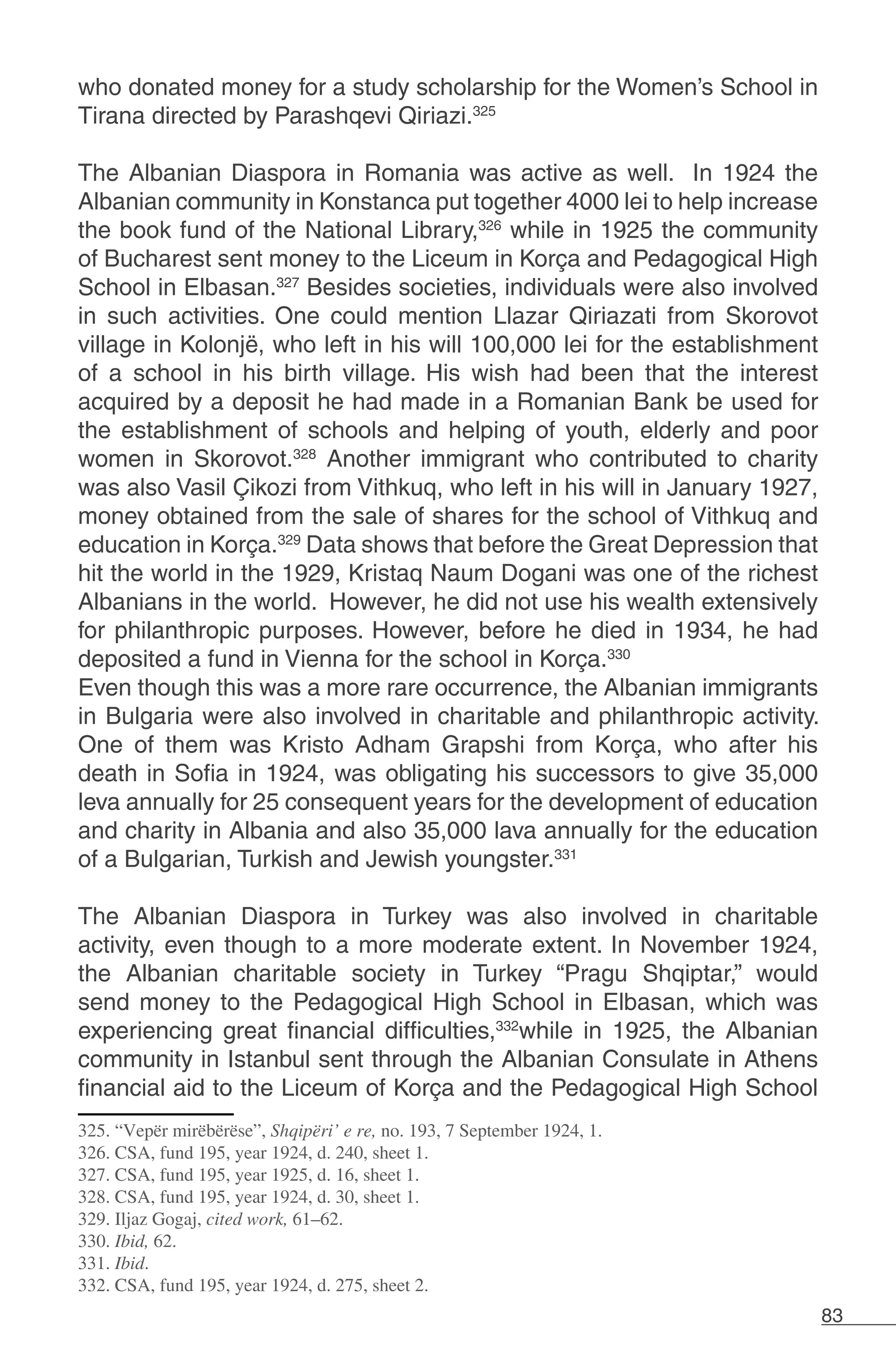 83
who donated money for a study scholarship for the Women’s School in
Tirana directed by Parashqevi Qiriazi.325
The Albanian Diaspora in Romania was active as well. In 1924 the
Albanian community in Konstanca put together 4000 lei to help increase
the book fund of the National Library,326
while in 1925 the community
of Bucharest sent money to the Liceum in Korça and Pedagogical High
School in Elbasan.327
Besides societies, individuals were also involved
in such activities. One could mention Llazar Qiriazati from Skorovot
village in Kolonjë, who left in his will 100,000 lei for the establishment
of a school in his birth village. His wish had been that the interest
acquired by a deposit he had made in a Romanian Bank be used for
the establishment of schools and helping of youth, elderly and poor
women in Skorovot.328
Another immigrant who contributed to charity
was also Vasil Çikozi from Vithkuq, who left in his will in January 1927,
money obtained from the sale of shares for the school of Vithkuq and
education in Korça.329
Data shows that before the Great Depression that
hit the world in the 1929, Kristaq Naum Dogani was one of the richest
Albanians in the world. However, he did not use his wealth extensively
for philanthropic purposes. However, before he died in 1934, he had
deposited a fund in Vienna for the school in Korça.330
Even though this was a more rare occurrence, the Albanian immigrants
in Bulgaria were also involved in charitable and philanthropic activity.
One of them was Kristo Adham Grapshi from Korça, who after his
death in Sofia in 1924, was obligating his successors to give 35,000
leva annually for 25 consequent years for the development of education
and charity in Albania and also 35,000 lava annually for the education
of a Bulgarian, Turkish and Jewish youngster.331
The Albanian Diaspora in Turkey was also involved in charitable
activity, even though to a more moderate extent. In November 1924,
the Albanian charitable society in Turkey “Pragu Shqiptar,” would
send money to the Pedagogical High School in Elbasan, which was
experiencing great financial difficulties,332
while in 1925, the Albanian
community in Istanbul sent through the Albanian Consulate in Athens
financial aid to the Liceum of Korça and the Pedagogical High School
325. “Vepër mirëbërëse”, Shqipëri’ e re, no. 193, 7 September 1924, 1.
326. CSA, fund 195, year 1924, d. 240, sheet 1.
327. CSA, fund 195, year 1925, d. 16, sheet 1.
328. CSA, fund 195, year 1924, d. 30, sheet 1.
329. Iljaz Gogaj, cited work, 61–62.
330. Ibid, 62.
331. Ibid.
332. CSA, fund 195, year 1924, d. 275, sheet 2.
 