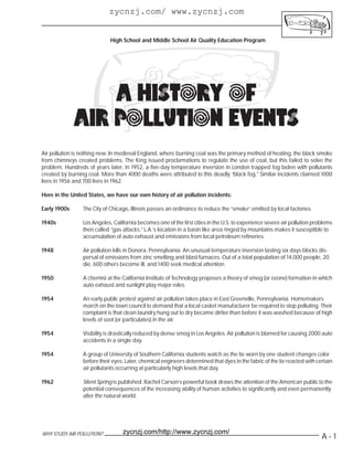 zycnzj.com/ www.zycnzj.com


                             High School and Middle School Air Quality Education Program




                  A HISTORY OF
              AIR POLLUTION EVENTS
Air pollution is nothing new. In medieval England, where burning coal was the primary method of heating, the black smoke
from chimneys created problems. The King issued proclamations to regulate the use of coal, but this failed to solve the
problem. Hundreds of years later, in 1952, a five-day temperature inversion in London trapped fog laden with pollutants
created by burning coal. More than 4000 deaths were attributed to this deadly “black fog.” Similar incidents claimed 1000
lives in 1956 and 700 lives in 1962.

Here in the United States, we have our own history of air pollution incidents:

Early 1900s      The City of Chicago, Illinois passes an ordinance to reduce the “smoke” emitted by local factories.

1940s            Los Angeles, California becomes one of the first cities in the U.S. to experience severe air pollution problems
                 then called “gas attacks.” L.A.’s location in a basin like area ringed by mountains makes it susceptible to
                 accumulation of auto exhaust and emissions from local petroleum refineries.

1948             Air pollution kills in Donora, Pennsylvania. An unusual temperature inversion lasting six days blocks dis-
                 persal of emissions from zinc smelting and blast furnaces. Out of a total population of 14,000 people, 20
                 die, 600 others become ill, and 1400 seek medical attention.

1950             A chemist at the California Institute of Technology proposes a theory of smog (or ozone) formation in which
                 auto exhaust and sunlight play major roles.

1954             An early public protest against air pollution takes place in East Greenville, Pennsylvania. Homemakers
                 march on the town council to demand that a local casket manufacturer be required to stop polluting. Their
                 complaint is that clean laundry hung out to dry became dirtier than before it was washed because of high
                 levels of soot (or particulates) in the air.

1954             Visibility is drastically reduced by dense smog in Los Angeles. Air pollution is blamed for causing 2000 auto
                 accidents in a single day.

1954             A group of University of Southern California students watch as the tie worn by one student changes color
                 before their eyes. Later, chemical engineers determined that dyes in the fabric of the tie reacted with certain
                 air pollutants occurring at particularly high levels that day.

1962             Silent Spring is published. Rachel Carson’s powerful book draws the attention of the American public to the
                 potential consequences of the increasing ability of human activities to significantly and even permanently
                 alter the natural world.




WHY STUDY AIR POLLUTION?          zycnzj.com/http://www.zycnzj.com/
                                                                                                                           A-1
 