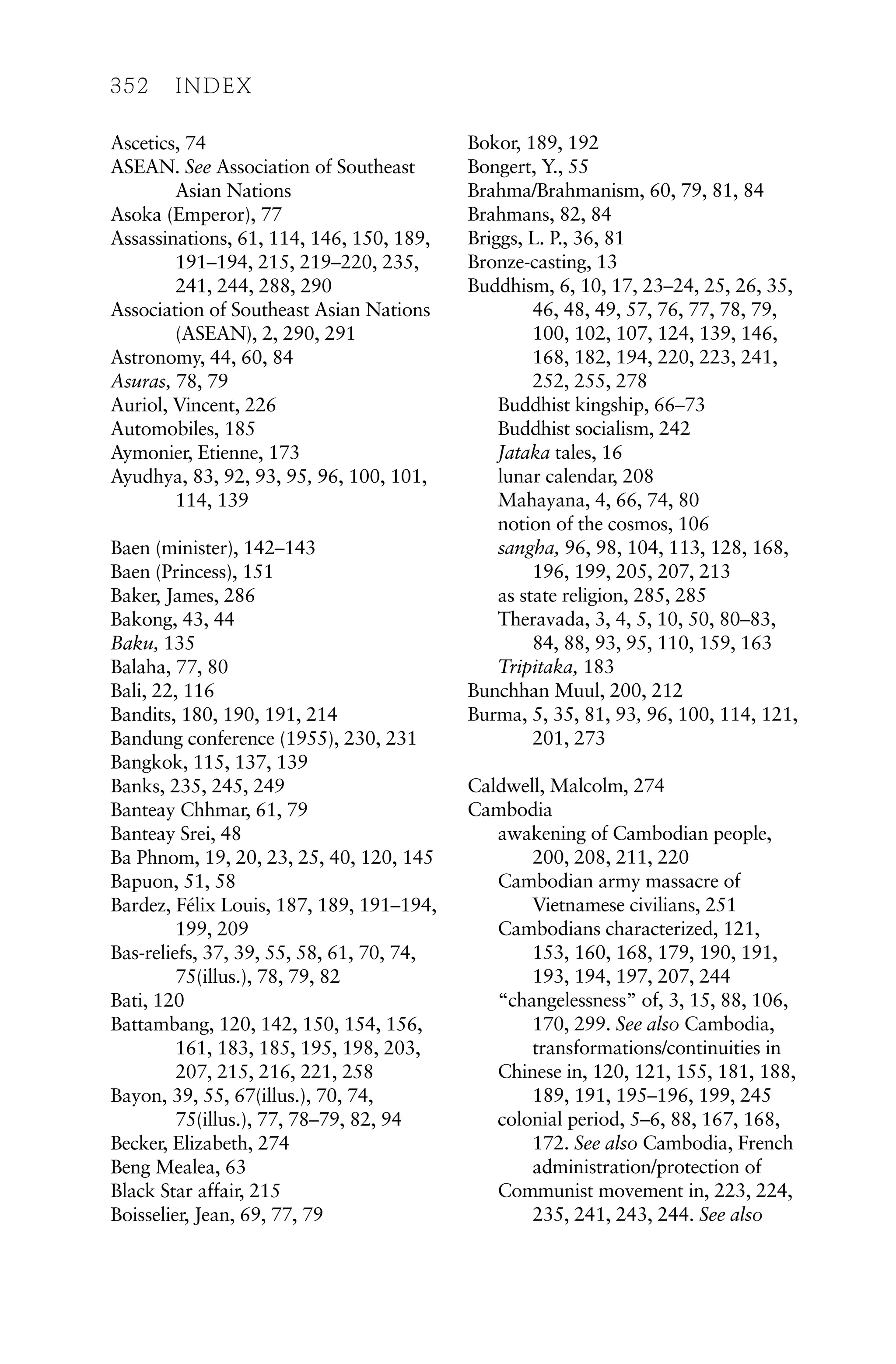 Ascetics, 74
ASEAN. See Association of Southeast
Asian Nations
Asoka (Emperor), 77
Assassinations, 61, 114, 146, 150, 189,
191–194, 215, 219–220, 235,
241, 244, 288, 290
Association of Southeast Asian Nations
(ASEAN), 2, 290, 291
Astronomy, 44, 60, 84
Asuras, 78, 79
Auriol, Vincent, 226
Automobiles, 185
Aymonier, Etienne, 173
Ayudhya, 83, 92, 93, 95, 96, 100, 101,
114, 139
Baen (minister), 142–143
Baen (Princess), 151
Baker, James, 286
Bakong, 43, 44
Baku, 135
Balaha, 77, 80
Bali, 22, 116
Bandits, 180, 190, 191, 214
Bandung conference (1955), 230, 231
Bangkok, 115, 137, 139
Banks, 235, 245, 249
Banteay Chhmar, 61, 79
Banteay Srei, 48
Ba Phnom, 19, 20, 23, 25, 40, 120, 145
Bapuon, 51, 58
Bardez, Félix Louis, 187, 189, 191–194,
199, 209
Bas-reliefs, 37, 39, 55, 58, 61, 70, 74,
75(illus.), 78, 79, 82
Bati, 120
Battambang, 120, 142, 150, 154, 156,
161, 183, 185, 195, 198, 203,
207, 215, 216, 221, 258
Bayon, 39, 55, 67(illus.), 70, 74,
75(illus.), 77, 78–79, 82, 94
Becker, Elizabeth, 274
Beng Mealea, 63
Black Star affair, 215
Boisselier, Jean, 69, 77, 79
Bokor, 189, 192
Bongert, Y., 55
Brahma/Brahmanism, 60, 79, 81, 84
Brahmans, 82, 84
Briggs, L. P., 36, 81
Bronze-casting, 13
Buddhism, 6, 10, 17, 23–24, 25, 26, 35,
46, 48, 49, 57, 76, 77, 78, 79,
100, 102, 107, 124, 139, 146,
168, 182, 194, 220, 223, 241,
252, 255, 278
Buddhist kingship, 66–73
Buddhist socialism, 242
Jataka tales, 16
lunar calendar, 208
Mahayana, 4, 66, 74, 80
notion of the cosmos, 106
sangha, 96, 98, 104, 113, 128, 168,
196, 199, 205, 207, 213
as state religion, 285, 285
Theravada, 3, 4, 5, 10, 50, 80–83,
84, 88, 93, 95, 110, 159, 163
Tripitaka, 183
Bunchhan Muul, 200, 212
Burma, 5, 35, 81, 93, 96, 100, 114, 121,
201, 273
Caldwell, Malcolm, 274
Cambodia
awakening of Cambodian people,
200, 208, 211, 220
Cambodian army massacre of
Vietnamese civilians, 251
Cambodians characterized, 121,
153, 160, 168, 179, 190, 191,
193, 194, 197, 207, 244
“changelessness” of, 3, 15, 88, 106,
170, 299. See also Cambodia,
transformations/continuities in
Chinese in, 120, 121, 155, 181, 188,
189, 191, 195–196, 199, 245
colonial period, 5–6, 88, 167, 168,
172. See also Cambodia, French
administration/protection of
Communist movement in, 223, 224,
235, 241, 243, 244. See also
352 INDEX
 