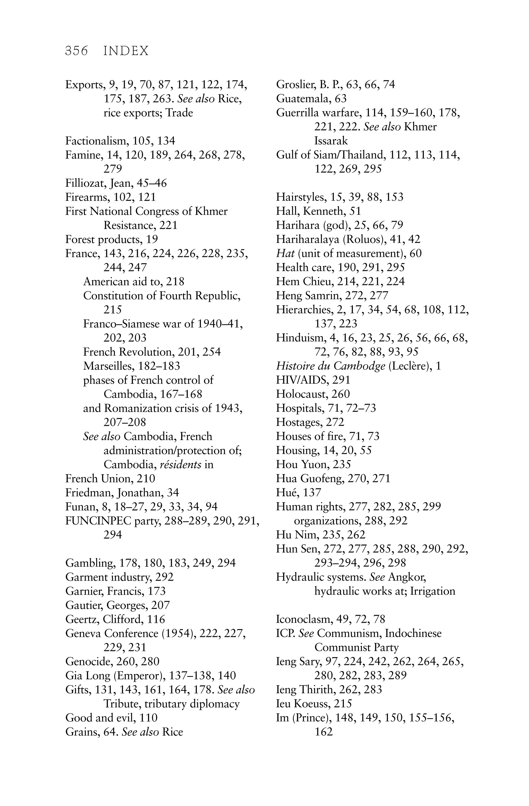 Exports, 9, 19, 70, 87, 121, 122, 174,
175, 187, 263. See also Rice,
rice exports; Trade
Factionalism, 105, 134
Famine, 14, 120, 189, 264, 268, 278,
279
Filliozat, Jean, 45–46
Firearms, 102, 121
First National Congress of Khmer
Resistance, 221
Forest products, 19
France, 143, 216, 224, 226, 228, 235,
244, 247
American aid to, 218
Constitution of Fourth Republic,
215
Franco–Siamese war of 1940–41,
202, 203
French Revolution, 201, 254
Marseilles, 182–183
phases of French control of
Cambodia, 167–168
and Romanization crisis of 1943,
207–208
See also Cambodia, French
administration/protection of;
Cambodia, résidents in
French Union, 210
Friedman, Jonathan, 34
Funan, 8, 18–27, 29, 33, 34, 94
FUNCINPEC party, 288–289, 290, 291,
294
Gambling, 178, 180, 183, 249, 294
Garment industry, 292
Garnier, Francis, 173
Gautier, Georges, 207
Geertz, Clifford, 116
Geneva Conference (1954), 222, 227,
229, 231
Genocide, 260, 280
Gia Long (Emperor), 137–138, 140
Gifts, 131, 143, 161, 164, 178. See also
Tribute, tributary diplomacy
Good and evil, 110
Grains, 64. See also Rice
Groslier, B. P., 63, 66, 74
Guatemala, 63
Guerrilla warfare, 114, 159–160, 178,
221, 222. See also Khmer
Issarak
Gulf of Siam/Thailand, 112, 113, 114,
122, 269, 295
Hairstyles, 15, 39, 88, 153
Hall, Kenneth, 51
Harihara (god), 25, 66, 79
Hariharalaya (Roluos), 41, 42
Hat (unit of measurement), 60
Health care, 190, 291, 295
Hem Chieu, 214, 221, 224
Heng Samrin, 272, 277
Hierarchies, 2, 17, 34, 54, 68, 108, 112,
137, 223
Hinduism, 4, 16, 23, 25, 26, 56, 66, 68,
72, 76, 82, 88, 93, 95
Histoire du Cambodge (Leclère), 1
HIV/AIDS, 291
Holocaust, 260
Hospitals, 71, 72–73
Hostages, 272
Houses of fire, 71, 73
Housing, 14, 20, 55
Hou Yuon, 235
Hua Guofeng, 270, 271
Hué, 137
Human rights, 277, 282, 285, 299
organizations, 288, 292
Hu Nim, 235, 262
Hun Sen, 272, 277, 285, 288, 290, 292,
293–294, 296, 298
Hydraulic systems. See Angkor,
hydraulic works at; Irrigation
Iconoclasm, 49, 72, 78
ICP. See Communism, Indochinese
Communist Party
Ieng Sary, 97, 224, 242, 262, 264, 265,
280, 282, 283, 289
Ieng Thirith, 262, 283
Ieu Koeuss, 215
Im (Prince), 148, 149, 150, 155–156,
162
356 INDEX
 