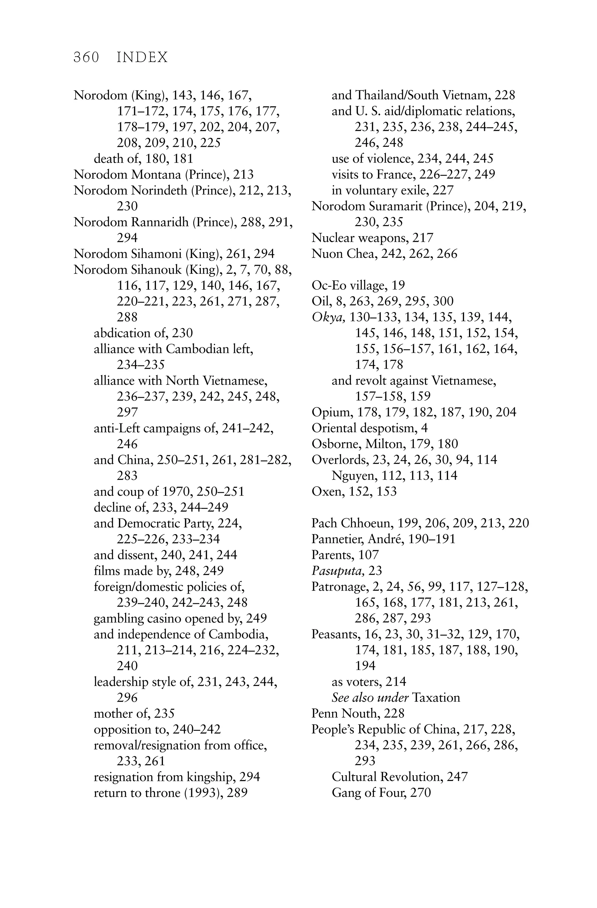 Norodom (King), 143, 146, 167,
171–172, 174, 175, 176, 177,
178–179, 197, 202, 204, 207,
208, 209, 210, 225
death of, 180, 181
Norodom Montana (Prince), 213
Norodom Norindeth (Prince), 212, 213,
230
Norodom Rannaridh (Prince), 288, 291,
294
Norodom Sihamoni (King), 261, 294
Norodom Sihanouk (King), 2, 7, 70, 88,
116, 117, 129, 140, 146, 167,
220–221, 223, 261, 271, 287,
288
abdication of, 230
alliance with Cambodian left,
234–235
alliance with North Vietnamese,
236–237, 239, 242, 245, 248,
297
anti-Left campaigns of, 241–242,
246
and China, 250–251, 261, 281–282,
283
and coup of 1970, 250–251
decline of, 233, 244–249
and Democratic Party, 224,
225–226, 233–234
and dissent, 240, 241, 244
films made by, 248, 249
foreign/domestic policies of,
239–240, 242–243, 248
gambling casino opened by, 249
and independence of Cambodia,
211, 213–214, 216, 224–232,
240
leadership style of, 231, 243, 244,
296
mother of, 235
opposition to, 240–242
removal/resignation from office,
233, 261
resignation from kingship, 294
return to throne (1993), 289
and Thailand/South Vietnam, 228
and U. S. aid/diplomatic relations,
231, 235, 236, 238, 244–245,
246, 248
use of violence, 234, 244, 245
visits to France, 226–227, 249
in voluntary exile, 227
Norodom Suramarit (Prince), 204, 219,
230, 235
Nuclear weapons, 217
Nuon Chea, 242, 262, 266
Oc-Eo village, 19
Oil, 8, 263, 269, 295, 300
Okya, 130–133, 134, 135, 139, 144,
145, 146, 148, 151, 152, 154,
155, 156–157, 161, 162, 164,
174, 178
and revolt against Vietnamese,
157–158, 159
Opium, 178, 179, 182, 187, 190, 204
Oriental despotism, 4
Osborne, Milton, 179, 180
Overlords, 23, 24, 26, 30, 94, 114
Nguyen, 112, 113, 114
Oxen, 152, 153
Pach Chhoeun, 199, 206, 209, 213, 220
Pannetier, André, 190–191
Parents, 107
Pasuputa, 23
Patronage, 2, 24, 56, 99, 117, 127–128,
165, 168, 177, 181, 213, 261,
286, 287, 293
Peasants, 16, 23, 30, 31–32, 129, 170,
174, 181, 185, 187, 188, 190,
194
as voters, 214
See also under Taxation
Penn Nouth, 228
People’s Republic of China, 217, 228,
234, 235, 239, 261, 266, 286,
293
Cultural Revolution, 247
Gang of Four, 270
360 INDEX
 