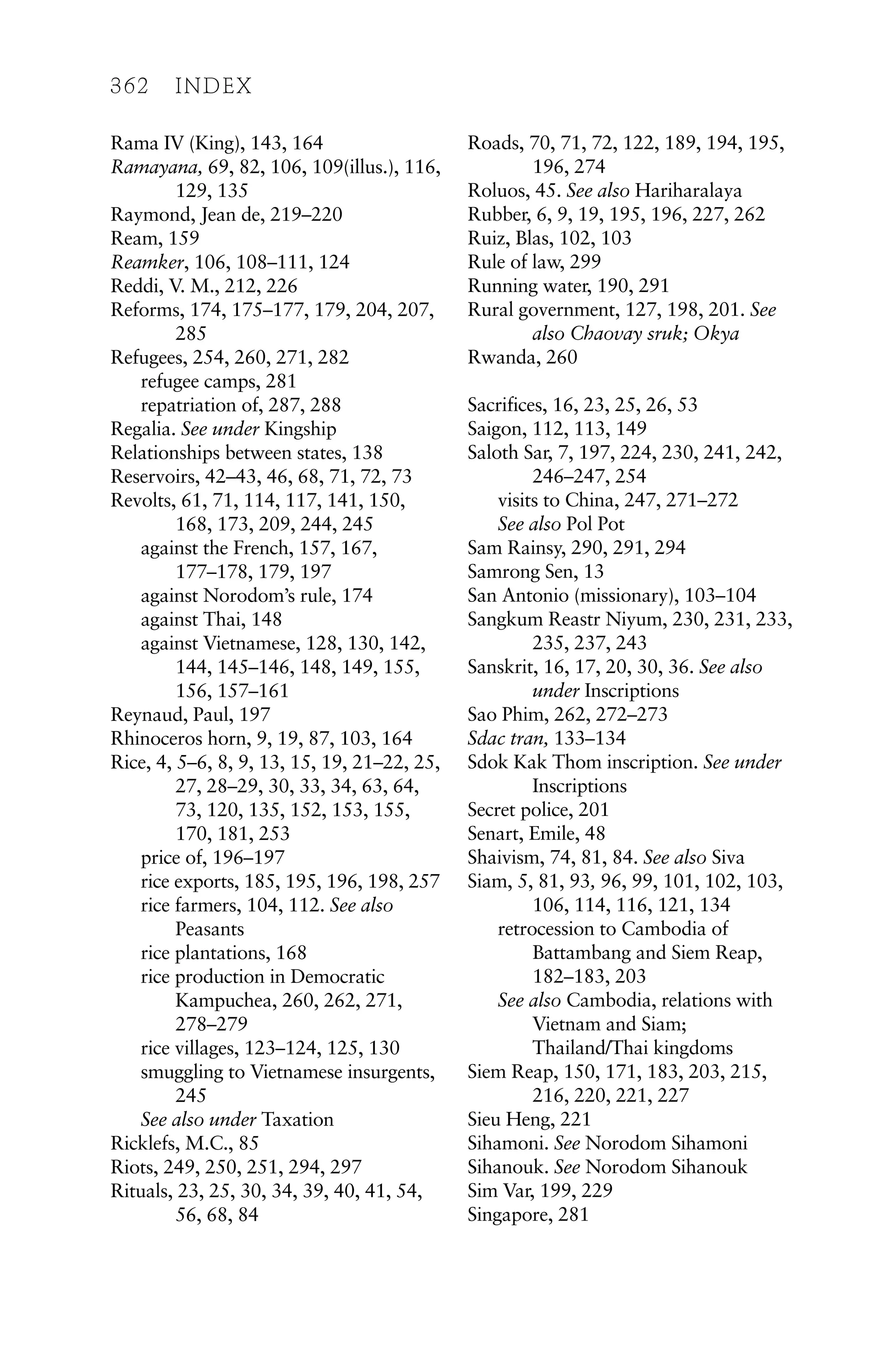 Rama IV (King), 143, 164
Ramayana, 69, 82, 106, 109(illus.), 116,
129, 135
Raymond, Jean de, 219–220
Ream, 159
Reamker, 106, 108–111, 124
Reddi, V. M., 212, 226
Reforms, 174, 175–177, 179, 204, 207,
285
Refugees, 254, 260, 271, 282
refugee camps, 281
repatriation of, 287, 288
Regalia. See under Kingship
Relationships between states, 138
Reservoirs, 42–43, 46, 68, 71, 72, 73
Revolts, 61, 71, 114, 117, 141, 150,
168, 173, 209, 244, 245
against the French, 157, 167,
177–178, 179, 197
against Norodom’s rule, 174
against Thai, 148
against Vietnamese, 128, 130, 142,
144, 145–146, 148, 149, 155,
156, 157–161
Reynaud, Paul, 197
Rhinoceros horn, 9, 19, 87, 103, 164
Rice, 4, 5–6, 8, 9, 13, 15, 19, 21–22, 25,
27, 28–29, 30, 33, 34, 63, 64,
73, 120, 135, 152, 153, 155,
170, 181, 253
price of, 196–197
rice exports, 185, 195, 196, 198, 257
rice farmers, 104, 112. See also
Peasants
rice plantations, 168
rice production in Democratic
Kampuchea, 260, 262, 271,
278–279
rice villages, 123–124, 125, 130
smuggling to Vietnamese insurgents,
245
See also under Taxation
Ricklefs, M.C., 85
Riots, 249, 250, 251, 294, 297
Rituals, 23, 25, 30, 34, 39, 40, 41, 54,
56, 68, 84
Roads, 70, 71, 72, 122, 189, 194, 195,
196, 274
Roluos, 45. See also Hariharalaya
Rubber, 6, 9, 19, 195, 196, 227, 262
Ruiz, Blas, 102, 103
Rule of law, 299
Running water, 190, 291
Rural government, 127, 198, 201. See
also Chaovay sruk; Okya
Rwanda, 260
Sacrifices, 16, 23, 25, 26, 53
Saigon, 112, 113, 149
Saloth Sar, 7, 197, 224, 230, 241, 242,
246–247, 254
visits to China, 247, 271–272
See also Pol Pot
Sam Rainsy, 290, 291, 294
Samrong Sen, 13
San Antonio (missionary), 103–104
Sangkum Reastr Niyum, 230, 231, 233,
235, 237, 243
Sanskrit, 16, 17, 20, 30, 36. See also
under Inscriptions
Sao Phim, 262, 272–273
Sdac tran, 133–134
Sdok Kak Thom inscription. See under
Inscriptions
Secret police, 201
Senart, Emile, 48
Shaivism, 74, 81, 84. See also Siva
Siam, 5, 81, 93, 96, 99, 101, 102, 103,
106, 114, 116, 121, 134
retrocession to Cambodia of
Battambang and Siem Reap,
182–183, 203
See also Cambodia, relations with
Vietnam and Siam;
Thailand/Thai kingdoms
Siem Reap, 150, 171, 183, 203, 215,
216, 220, 221, 227
Sieu Heng, 221
Sihamoni. See Norodom Sihamoni
Sihanouk. See Norodom Sihanouk
Sim Var, 199, 229
Singapore, 281
362 INDEX
 