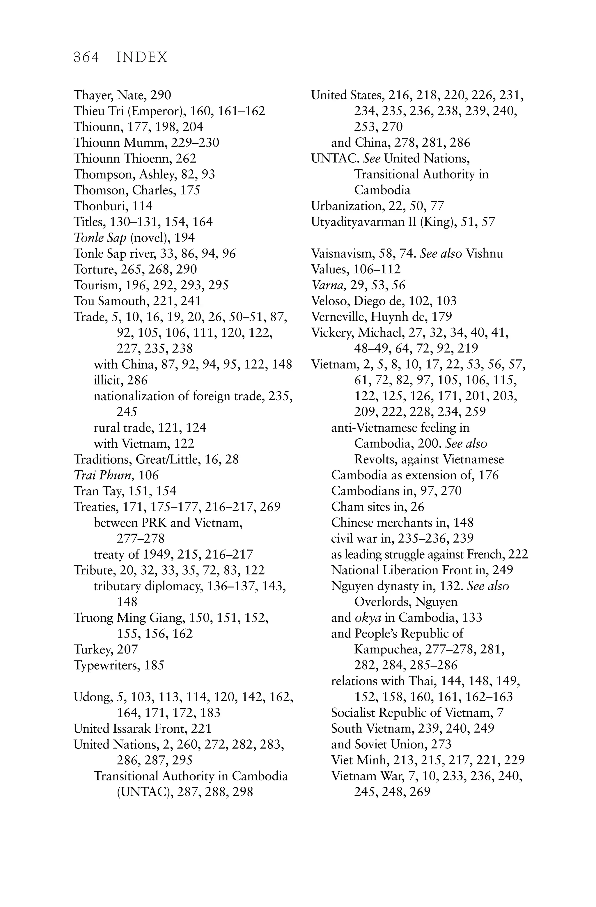 Thayer, Nate, 290
Thieu Tri (Emperor), 160, 161–162
Thiounn, 177, 198, 204
Thiounn Mumm, 229–230
Thiounn Thioenn, 262
Thompson, Ashley, 82, 93
Thomson, Charles, 175
Thonburi, 114
Titles, 130–131, 154, 164
Tonle Sap (novel), 194
Tonle Sap river, 33, 86, 94, 96
Torture, 265, 268, 290
Tourism, 196, 292, 293, 295
Tou Samouth, 221, 241
Trade, 5, 10, 16, 19, 20, 26, 50–51, 87,
92, 105, 106, 111, 120, 122,
227, 235, 238
with China, 87, 92, 94, 95, 122, 148
illicit, 286
nationalization of foreign trade, 235,
245
rural trade, 121, 124
with Vietnam, 122
Traditions, Great/Little, 16, 28
Trai Phum, 106
Tran Tay, 151, 154
Treaties, 171, 175–177, 216–217, 269
between PRK and Vietnam,
277–278
treaty of 1949, 215, 216–217
Tribute, 20, 32, 33, 35, 72, 83, 122
tributary diplomacy, 136–137, 143,
148
Truong Ming Giang, 150, 151, 152,
155, 156, 162
Turkey, 207
Typewriters, 185
Udong, 5, 103, 113, 114, 120, 142, 162,
164, 171, 172, 183
United Issarak Front, 221
United Nations, 2, 260, 272, 282, 283,
286, 287, 295
Transitional Authority in Cambodia
(UNTAC), 287, 288, 298
United States, 216, 218, 220, 226, 231,
234, 235, 236, 238, 239, 240,
253, 270
and China, 278, 281, 286
UNTAC. See United Nations,
Transitional Authority in
Cambodia
Urbanization, 22, 50, 77
Utyadityavarman II (King), 51, 57
Vaisnavism, 58, 74. See also Vishnu
Values, 106–112
Varna, 29, 53, 56
Veloso, Diego de, 102, 103
Verneville, Huynh de, 179
Vickery, Michael, 27, 32, 34, 40, 41,
48–49, 64, 72, 92, 219
Vietnam, 2, 5, 8, 10, 17, 22, 53, 56, 57,
61, 72, 82, 97, 105, 106, 115,
122, 125, 126, 171, 201, 203,
209, 222, 228, 234, 259
anti-Vietnamese feeling in
Cambodia, 200. See also
Revolts, against Vietnamese
Cambodia as extension of, 176
Cambodians in, 97, 270
Cham sites in, 26
Chinese merchants in, 148
civil war in, 235–236, 239
as leading struggle against French, 222
National Liberation Front in, 249
Nguyen dynasty in, 132. See also
Overlords, Nguyen
and okya in Cambodia, 133
and People’s Republic of
Kampuchea, 277–278, 281,
282, 284, 285–286
relations with Thai, 144, 148, 149,
152, 158, 160, 161, 162–163
Socialist Republic of Vietnam, 7
South Vietnam, 239, 240, 249
and Soviet Union, 273
Viet Minh, 213, 215, 217, 221, 229
Vietnam War, 7, 10, 233, 236, 240,
245, 248, 269
364 INDEX
 