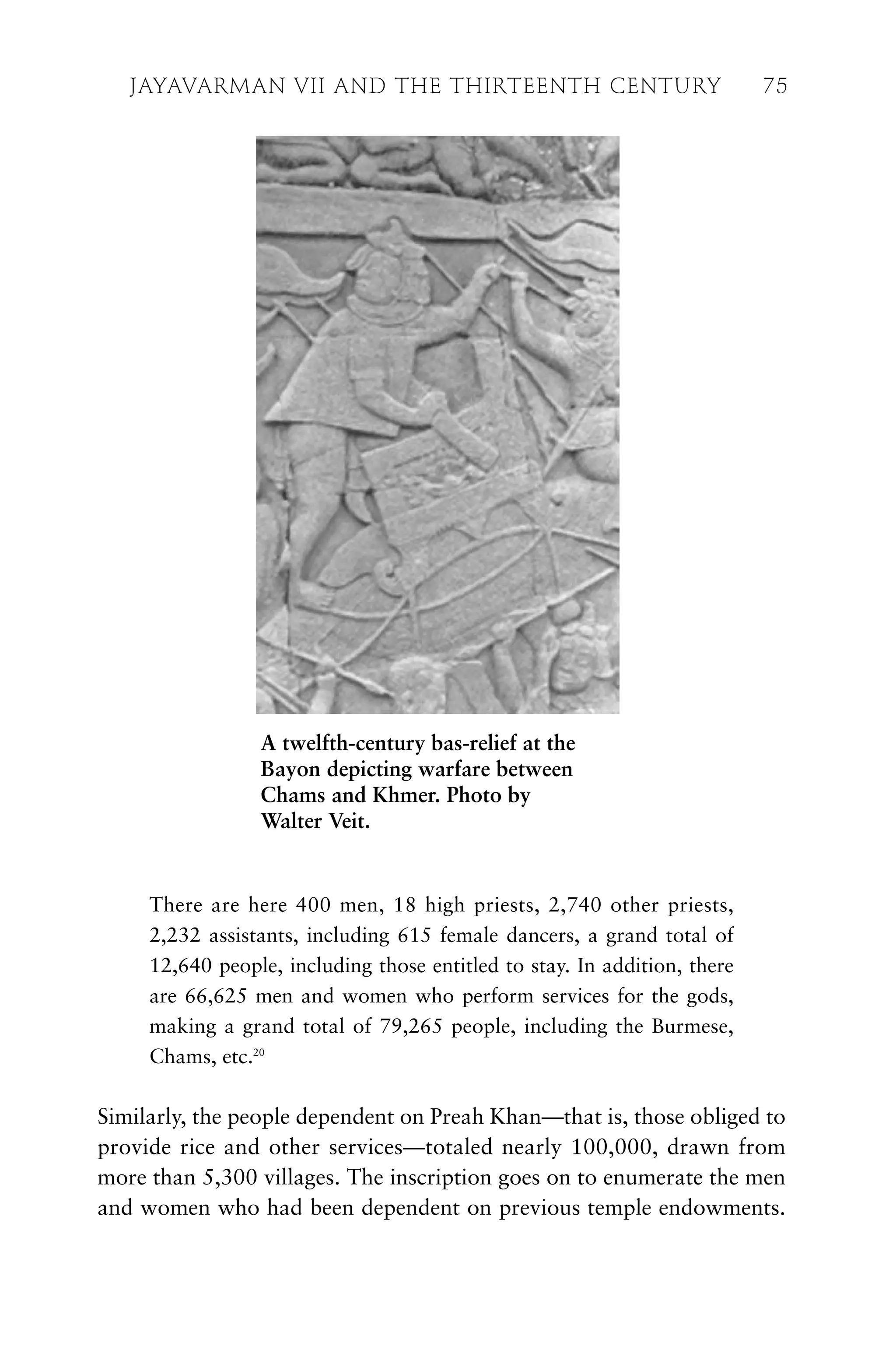 There are here 400 men, 18 high priests, 2,740 other priests,
2,232 assistants, including 615 female dancers, a grand total of
12,640 people, including those entitled to stay. In addition, there
are 66,625 men and women who perform services for the gods,
making a grand total of 79,265 people, including the Burmese,
Chams, etc.20
Similarly, the people dependent on Preah Khan—that is, those obliged to
provide rice and other services—totaled nearly 100,000, drawn from
more than 5,300 villages. The inscription goes on to enumerate the men
and women who had been dependent on previous temple endowments.
JAYAVARMAN VII AND THE THIRTEENTH CENTURY 75
A twelfth-century bas-relief at the
Bayon depicting warfare between
Chams and Khmer. Photo by
Walter Veit.
 