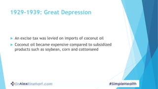 1929-1939: Great Depression
 An excise tax was levied on imports of coconut oil
 Coconut oil became expensive compared t...