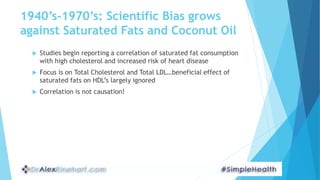 1940’s-1970’s: Scientific Bias grows
against Saturated Fats and Coconut Oil
 Studies begin reporting a correlation of saturated fat consumption
with high cholesterol and increased risk of heart disease
 Focus is on Total Cholesterol and Total LDL…beneficial effect of
saturated fats on HDL’s largely ignored
 Correlation is not causation!
 
