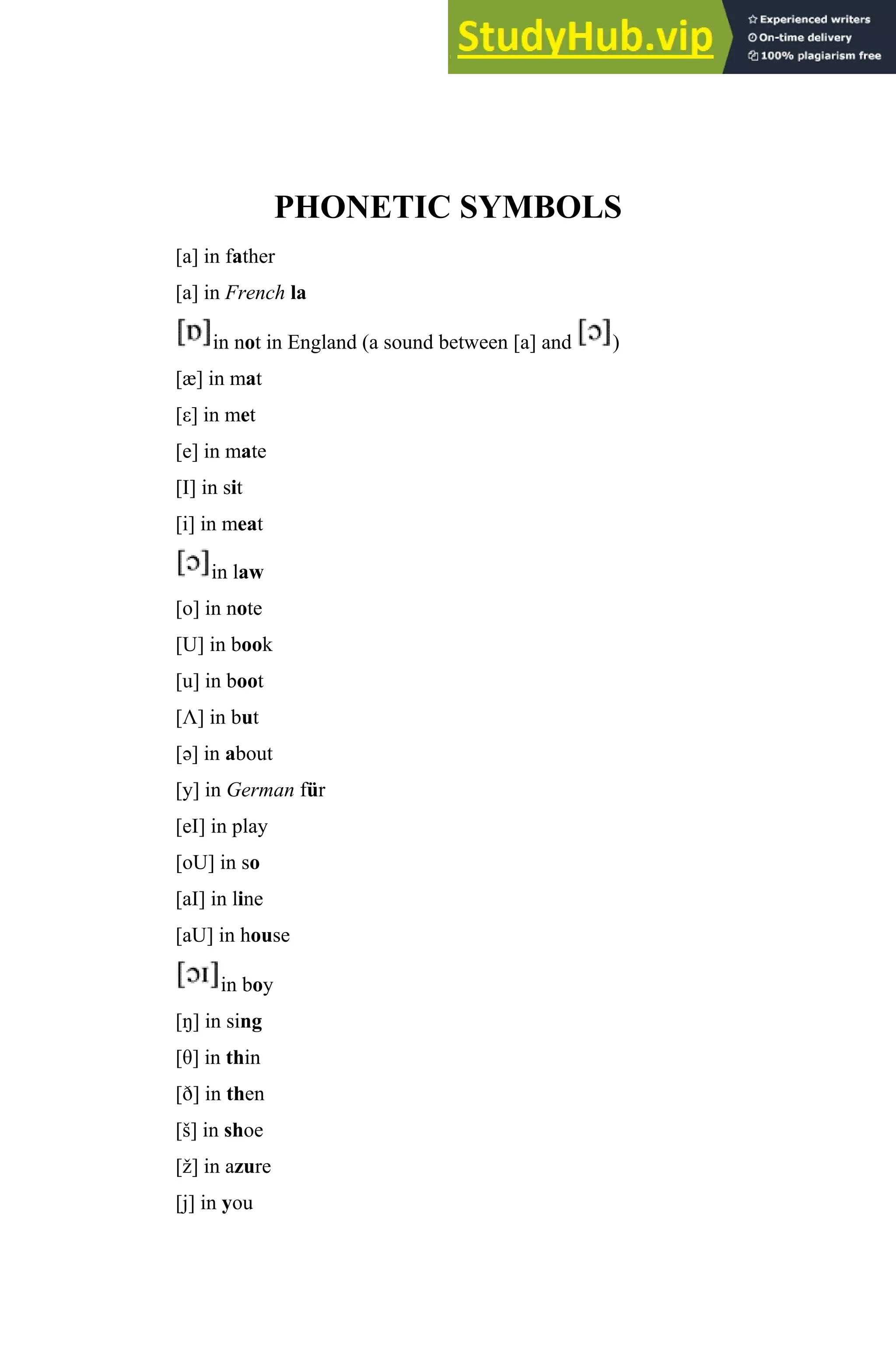 PHONETIC SYMBOLS
[a] in father
[a] in French la
in not in England (a sound between [a] and )
[æ] in mat
[ε] in met
[e] in mate
[I] in sit
[i] in meat
in law
[o] in note
[U] in book
[u] in boot
[Λ] in but
[ə] in about
[y] in German für
[eI] in play
[oU] in so
[aI] in line
[aU] in house
in boy
[ŋ] in sing
[ ] in thin
[ð] in then
[š] in shoe
[ž] in azure
[j] in you
 