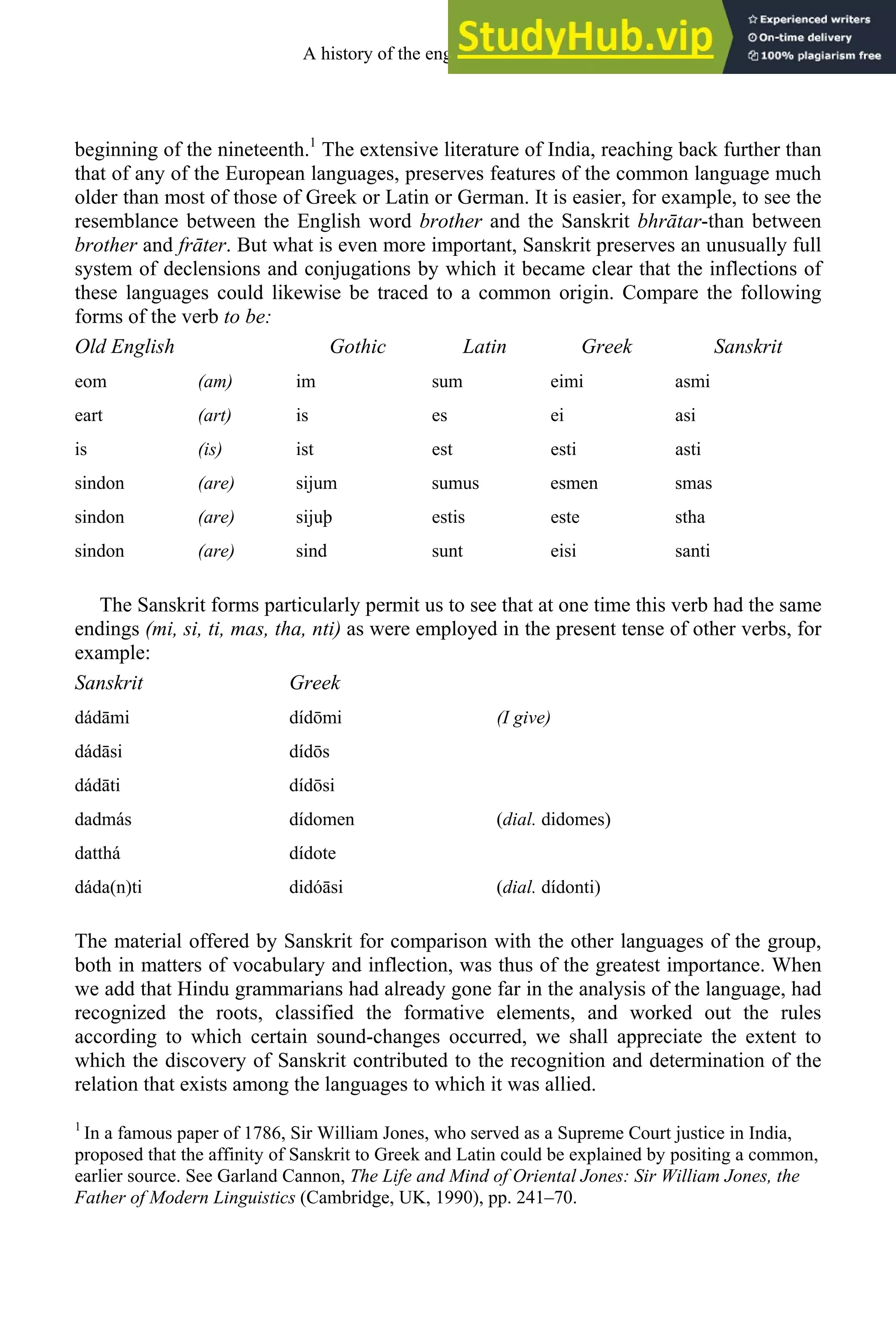 beginning of the nineteenth.1
The extensive literature of India, reaching back further than
that of any of the European languages, preserves features of the common language much
older than most of those of Greek or Latin or German. It is easier, for example, to see the
resemblance between the English word brother and the Sanskrit bhrātar-than between
brother and frāter. But what is even more important, Sanskrit preserves an unusually full
system of declensions and conjugations by which it became clear that the inflections of
these languages could likewise be traced to a common origin. Compare the following
forms of the verb to be:
Old English Gothic Latin Greek Sanskrit
eom (am) im sum eimi asmi
eart (art) is es ei asi
is (is) ist est esti asti
sindon (are) sijum sumus esmen smas
sindon (are) sijuþ estis este stha
sindon (are) sind sunt eisi santi
The Sanskrit forms particularly permit us to see that at one time this verb had the same
endings (mi, si, ti, mas, tha, nti) as were employed in the present tense of other verbs, for
example:
Sanskrit Greek
dádāmi dídōmi (I give)
dádāsi dídōs
dádāti dídōsi
dadmás dídomen (dial. didomes)
datthá dídote
dáda(n)ti didóāsi (dial. dídonti)
The material offered by Sanskrit for comparison with the other languages of the group,
both in matters of vocabulary and inflection, was thus of the greatest importance. When
we add that Hindu grammarians had already gone far in the analysis of the language, had
recognized the roots, classified the formative elements, and worked out the rules
according to which certain sound-changes occurred, we shall appreciate the extent to
which the discovery of Sanskrit contributed to the recognition and determination of the
relation that exists among the languages to which it was allied.
1
In a famous paper of 1786, Sir William Jones, who served as a Supreme Court justice in India,
proposed that the affinity of Sanskrit to Greek and Latin could be explained by positing a common,
earlier source. See Garland Cannon, The Life and Mind of Oriental Jones: Sir William Jones, the
Father of Modern Linguistics (Cambridge, UK, 1990), pp. 241–70.
A history of the english language 18
 