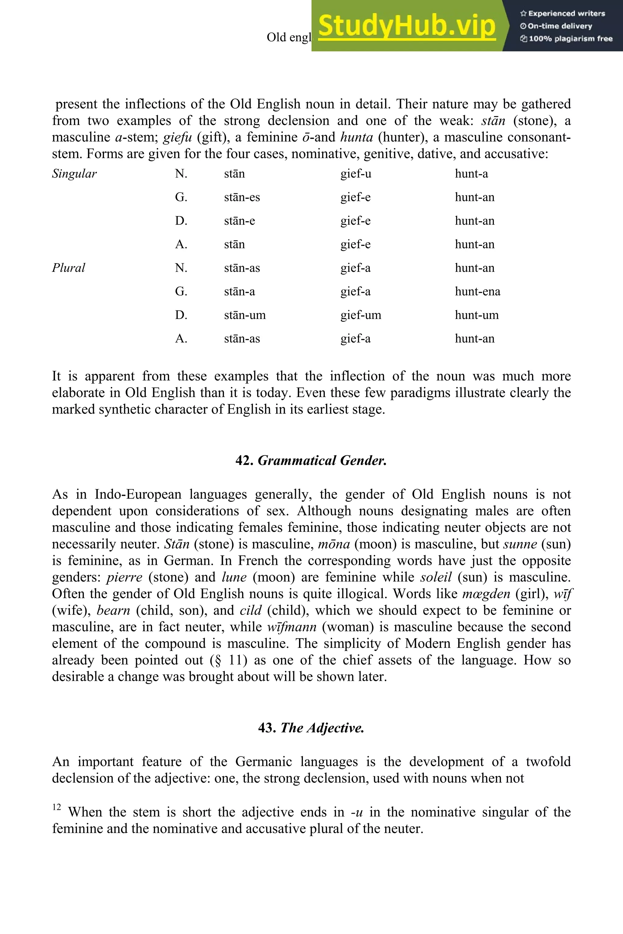 present the inflections of the Old English noun in detail. Their nature may be gathered
from two examples of the strong declension and one of the weak: stān (stone), a
masculine a-stem; giefu (gift), a feminine ō-and hunta (hunter), a masculine consonant-
stem. Forms are given for the four cases, nominative, genitive, dative, and accusative:
N. stān gief-u hunt-a
G. stān-es gief-e hunt-an
D. stān-e gief-e hunt-an
Singular
A. stān gief-e hunt-an
N. stān-as gief-a hunt-an
G. stān-a gief-a hunt-ena
D. stān-um gief-um hunt-um
Plural
A. stān-as gief-a hunt-an
It is apparent from these examples that the inflection of the noun was much more
elaborate in Old English than it is today. Even these few paradigms illustrate clearly the
marked synthetic character of English in its earliest stage.
42. Grammatical Gender.
As in Indo-European languages generally, the gender of Old English nouns is not
dependent upon considerations of sex. Although nouns designating males are often
masculine and those indicating females feminine, those indicating neuter objects are not
necessarily neuter. Stān (stone) is masculine, mōna (moon) is masculine, but sunne (sun)
is feminine, as in German. In French the corresponding words have just the opposite
genders: pierre (stone) and lune (moon) are feminine while soleil (sun) is masculine.
Often the gender of Old English nouns is quite illogical. Words like mœgden (girl), wīf
(wife), bearn (child, son), and cild (child), which we should expect to be feminine or
masculine, are in fact neuter, while wīfmann (woman) is masculine because the second
element of the compound is masculine. The simplicity of Modern English gender has
already been pointed out (§ 11) as one of the chief assets of the language. How so
desirable a change was brought about will be shown later.
43. The Adjective.
An important feature of the Germanic languages is the development of a twofold
declension of the adjective: one, the strong declension, used with nouns when not
12
When the stem is short the adjective ends in -u in the nominative singular of the
feminine and the nominative and accusative plural of the neuter.
Old english 51
 