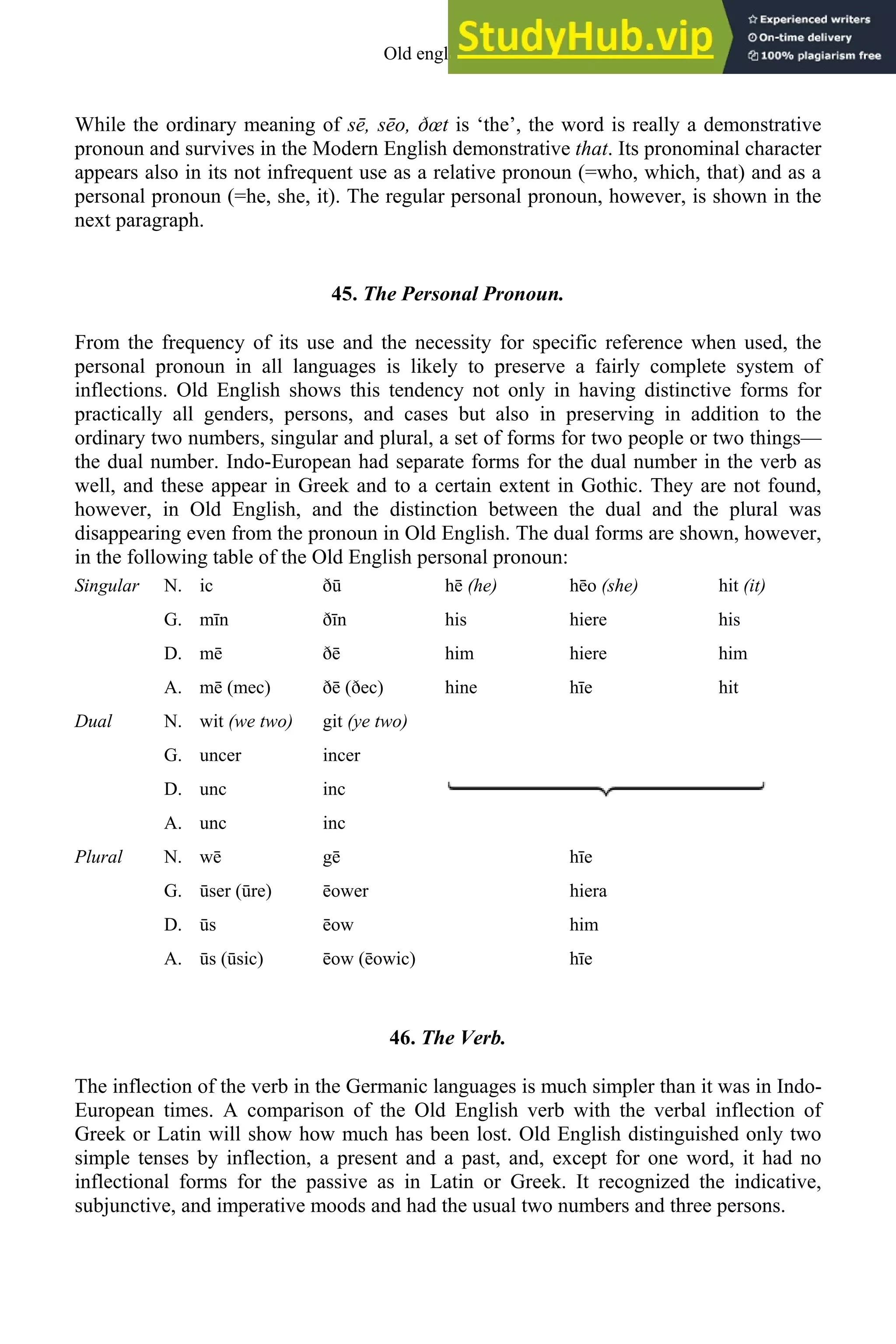 While the ordinary meaning of sē, sēo, ðœt is ‘the’, the word is really a demonstrative
pronoun and survives in the Modern English demonstrative that. Its pronominal character
appears also in its not infrequent use as a relative pronoun (=who, which, that) and as a
personal pronoun (=he, she, it). The regular personal pronoun, however, is shown in the
next paragraph.
45. The Personal Pronoun.
From the frequency of its use and the necessity for specific reference when used, the
personal pronoun in all languages is likely to preserve a fairly complete system of
inflections. Old English shows this tendency not only in having distinctive forms for
practically all genders, persons, and cases but also in preserving in addition to the
ordinary two numbers, singular and plural, a set of forms for two people or two things—
the dual number. Indo-European had separate forms for the dual number in the verb as
well, and these appear in Greek and to a certain extent in Gothic. They are not found,
however, in Old English, and the distinction between the dual and the plural was
disappearing even from the pronoun in Old English. The dual forms are shown, however,
in the following table of the Old English personal pronoun:
N. ic ð hē (he) hēo (she) hit (it)
G. mīn ðīn his hiere his
D. mē ðē him hiere him
Singular
A. mē (mec) ðē (ðec) hine hīe hit
N. wit (we two) git (ye two)
G. uncer incer
D. unc inc
Dual
A. unc inc
N. wē gē hīe
G. ser ( re) ēower hiera
D. s ēow him
Plural
A. s ( sic) ēow (ēowic) hīe
46. The Verb.
The inflection of the verb in the Germanic languages is much simpler than it was in Indo-
European times. A comparison of the Old English verb with the verbal inflection of
Greek or Latin will show how much has been lost. Old English distinguished only two
simple tenses by inflection, a present and a past, and, except for one word, it had no
inflectional forms for the passive as in Latin or Greek. It recognized the indicative,
subjunctive, and imperative moods and had the usual two numbers and three persons.
Old english 53
 
