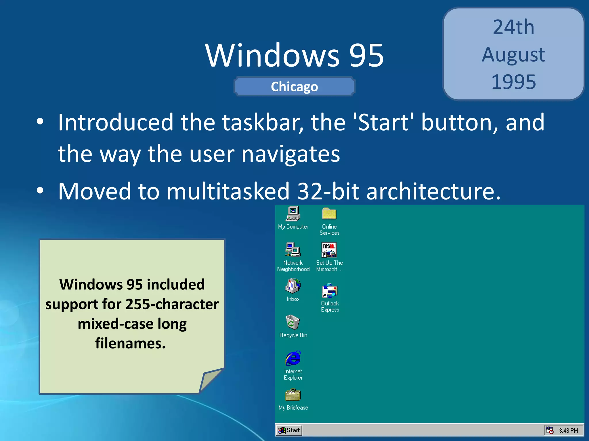 Windows 95
24th
August
1995
• Introduced the taskbar, the 'Start' button, and
the way the user navigates
• Moved to multitasked 32-bit architecture
Windows 95 included
support for 255-character
mixed-case long
filenames.
Chicago
 
