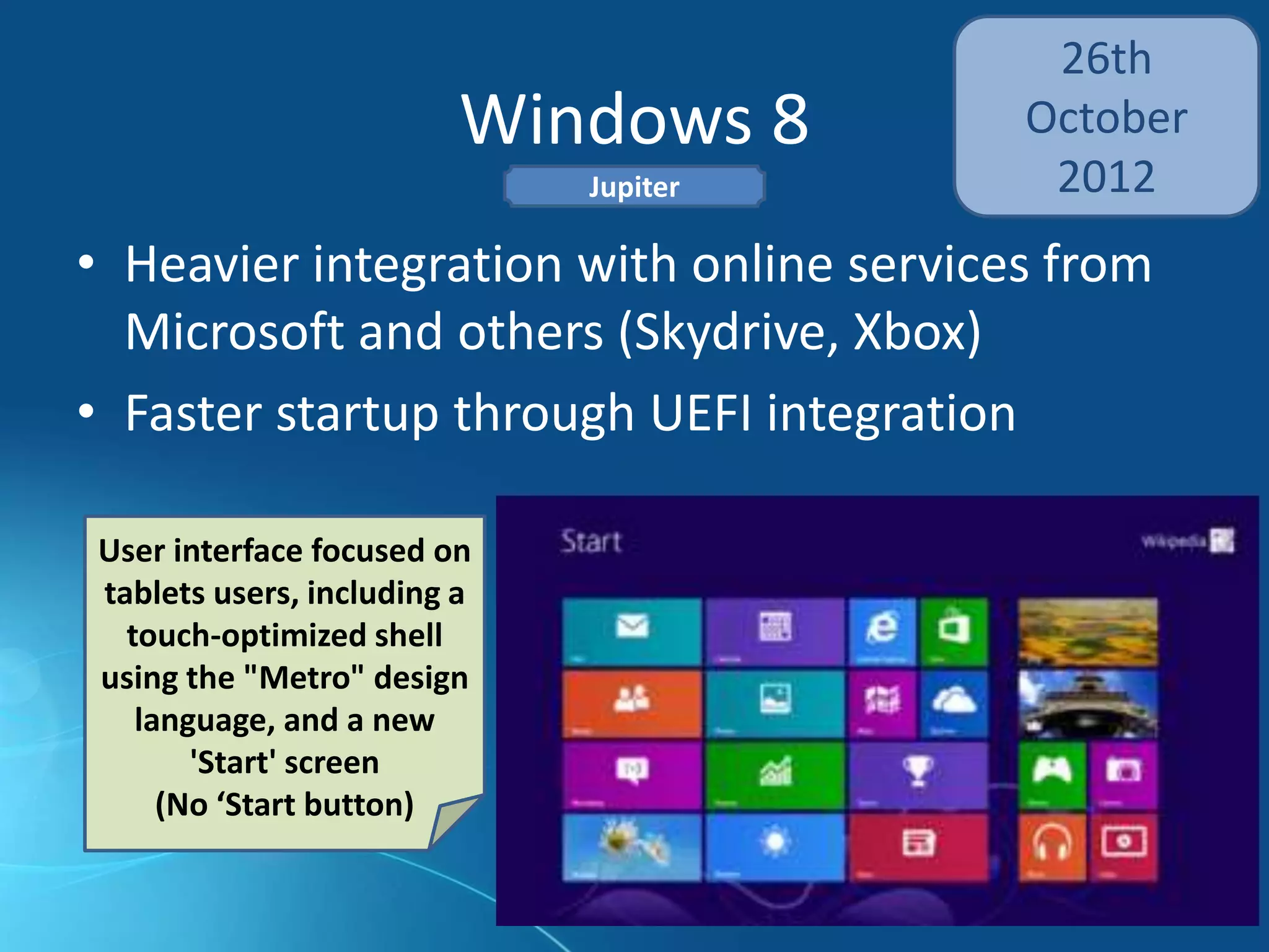 Windows 7
22nd
October
2009
• Support for virtual hard disks, better multi-
core processors performance, and kernel
• Improved touch and handwriting recognition
Intended to address
criticisms faced by
Windows Vista, such as
performance
improvements
Blackcomb
 
