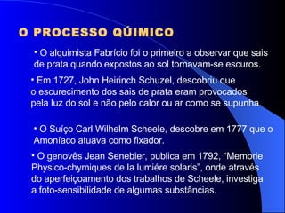 O PROCESSO QÚIMICO O alquimista Fabrício foi o primeiro a observar que sais de prata quando expostos ao sol tornavam-se escuros. Em 1727, John Heirinch Schuzel, descobriu que o escurecimento dos sais de prata eram provocados pela luz do sol e não pelo calor ou ar como se supunha. O genovês Jean Senebier, publica em 1792, “Memorie Physico-chymiques de la lumiére solaris”, onde através do aperfeiçoamento dos trabalhos de Scheele, investiga a foto-sensibilidade de algumas substâncias. O Suíço Carl Wilhelm Scheele, descobre em 1777 que o  Amoníaco atuava como fixador. 