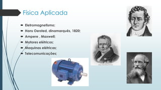 Física Aplicada
 Eletromagnetismo;
 Hans Oersted, dinamarquês, 1820;
 Ampere , Maxwell;
 Motores elétricos;
 Maquinas elétricas;
 Telecomunicações;
 