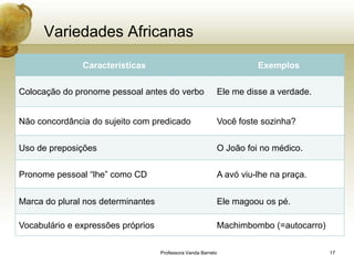Variedades Africanas

               Características                                       Exemplos

Colocação do pronome pessoal antes do verbo                Ele me disse a verdade.


Não concordância do sujeito com predicado                  Você foste sozinha?


Uso de preposições                                         O João foi no médico.

Pronome pessoal “lhe” como CD                              A avó viu-lhe na praça.


Marca do plural nos determinantes                          Ele magoou os pé.

Vocabulário e expressões próprios                          Machimbombo (=autocarro)

                                    Professora Vanda Barreto                          17
 