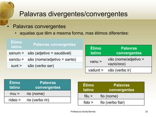 Palavras divergentes/convergentes
• Palavras convergentes
    • aquelas que têm a mesma forma, mas étimos diferentes:

 Étimo
              Palavras convergentes
 latino                                             Étimo               Palavras
sanum > são (adjetivo = saudável)                   latino            convergentes
sanctu > são (nome/adjetivo = santo)                            vão (nome/adjetivo =
                                                   vanu >
 sunt >   são (verbo ser)                                       vazio/oco)
                                                 vadunt >       vão (verbo ir)


Étimo            Palavras
                                            Étimo                  Palavras
latino         convergentes
                                            latino               convergentes
 rivu >   rio (nome)
                                              filu >        fio (nome)
rideo >   rio (verbo rir)
                                             fido >         fio (verbo fiar)

                                 Professora Vanda Barreto                              33
 