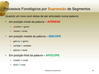 Processos Fonológicos por Supressão de Segmentos
Quando um novo som deixa de ser articulado numa palavra:

• em posição inicial da palavra – AFÉRESE
   •   acumen > gume

   •   atonitu > tonto

• em posição medial da palavra – SÍNCOPE
   •   generu > genro

   •   veritate > verdade

   •   atonitu > tonto

• Em posição final da palavra – APÓCOPE
   •   crudele > cruel

   •   cruce > cruz

                              Professora Vanda Barreto     44
 