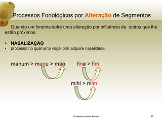Processos Fonológicos por Alteração de Segmentos
   Quando um fonema sofre uma alteração por influência de outros que lhe
estão próximos.

• NASALIZAÇÃO
•   processo no qual uma vogal oral adquire nasalidade.


    manum > manu > mão                  fine > fim


                                    mihi > mim




                                     Professora Vanda Barreto        47
 