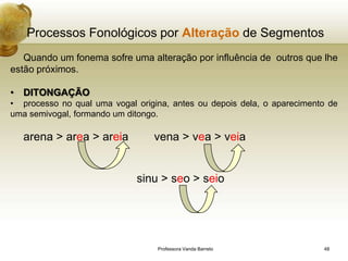 Processos Fonológicos por Alteração de Segmentos
   Quando um fonema sofre uma alteração por influência de outros que lhe
estão próximos.

• DITONGAÇÃO
• processo no qual uma vogal origina, antes ou depois dela, o aparecimento de
uma semivogal, formando um ditongo.

   arena > area > areia          vena > vea > veia


                             sinu > seo > seio




                                  Professora Vanda Barreto               48
 