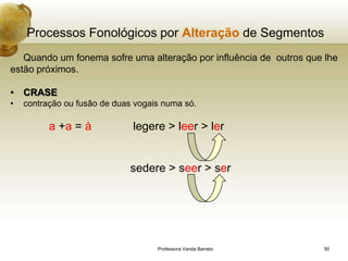 Processos Fonológicos por Alteração de Segmentos
   Quando um fonema sofre uma alteração por influência de outros que lhe
estão próximos.

• CRASE
•   contração ou fusão de duas vogais numa só.

          a +a = à            legere > leer > ler


                             sedere > seer > ser




                                    Professora Vanda Barreto         50
 
