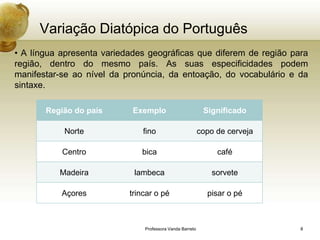 Variação Diatópica do Português
• A língua apresenta variedades geográficas que diferem de região para
região, dentro do mesmo país. As suas especificidades podem
manifestar-se ao nível da pronúncia, da entoação, do vocabulário e da
sintaxe.

       Região do país       Exemplo                        Significado

           Norte               fino                       copo de cerveja

           Centro             bica                             café

          Madeira           lambeca                           sorvete

           Açores          trincar o pé                     pisar o pé



                               Professora Vanda Barreto                     8
 