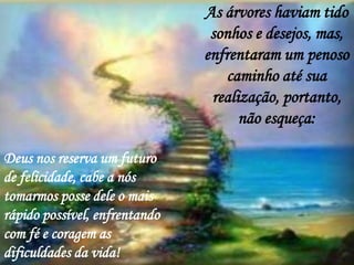 As árvores haviam tido
                                sonhos e desejos, mas,
                               enfrentaram um penoso
                                  caminho até sua
                                realização, portanto,
                                     não esqueça:

Deus nos reserva um futuro
de felicidade, cabe a nós
tomarmos posse dele o mais
rápido possível, enfrentando
com fé e coragem as
dificuldades da vida!
 