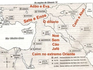 Adão e Eva Caim e Abel Caim no extremo Oriente Sete e Enos O dilúvio Noé Sem Cão Jafé