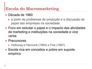 Escola do MacromarketingDécada de 1960a partir de problemas de produção e a discussão do papel das empresas na sociedadeFoco em estudar o papel e o impacto das atividades de marketing e instituições na sociedade e vice versaPrecursoresHolloway e Hancock (1964) e Fisk (1967)Escola rica em conceitos e pobre em suporte empírico