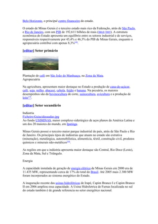 Belo Horizonte, o principal centro financeiro do estado.

O estado de Minas Gerais é o terceiro estado mais rico da Federação, atrás de São Paulo
e Rio de Janeiro, com um PIB de 192,611 bilhões de reais (IBGE/2005). A estrutura
econômica do Estado apresenta um equilíbrio entre os setores industrial e de serviços,
responsáveis respectivamente por 45,4% e 46,3% do PIB de Minas Gerais, enquanto a
agropecuária contribui com apenas 8,3%[18].

[editar] Setor primário




Plantação de café em São João do Manhuaçu, na Zona da Mata.
Agropecuária

Na agricultura, apresentam maior destaque no Estado a produção de cana-de-açúcar,
café, soja, milho, abacaxi, cebola, feijão e banana. Na pecuária, os maiores
desempenhos são da bovinocultura de corte, suinocultura, avicultura e a produção de
leite[18].

[editar] Setor secundário

Indústria
Ficheiro:Guiacidasaadao.jpg
Ao fundo USIMINAS, maior complexo siderúrgico de aços planos da América Latina e
um dos 20 maiores do mundo, em Ipatinga.

Minas Gerais possui o terceiro maior parque industrial do país, atrás de São Paulo e Rio
de Janeiro. Os principais tipos de indústrias que atuam no estado são extrativa
(mineração), metalúrgica, automobilística, alimentícia, têxtil, construção civil, produtos
químicos e minerais não-metálicos[18].

As regiões em que a indústria apresenta maior destaque são Central, Rio Doce (Leste),
Zona da Mata, Sul e Triângulo.

Energia

A capacidade instalada de geração de energia elétrica de Minas Gerais em 2000 era de
11.435 MW, representando cerca de 17% do total do Brasil. Até 2005 mais 2.300 MW
foram incorporados ao sistema energético do Estado.

A inaguração recente das usinas hidrelétricas de Irapé, Capim Branco I e Capim Branco
II em 2006 ampliou essa capacidade. A Usina Hidreletrica de Furnas localizada no sul
do estado também é de grande referencia no setor energético nacional.
 