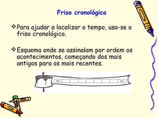 Para ajudar a localizar o tempo, usa-se o
friso cronológico.
Esquema onde se assinalam por ordem os
acontecimentos, começando dos mais
antigos para os mais recentes.
Friso cronológico
 