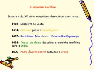 A expansão marítima
Durante o séc. XV, vários navegadores descobriram novas terras.
1415- Conquista de Ceuta.
1434- Gil Eanes passa o Cabo Bojador.
1487- Bartolomeu Dias dobra o Cabo da Boa Esperança.
1498- Vasco da Gama descobre o caminha marítimo
para a Índia.
1500- Pedro Álvares Cabral descobre o Brasil.
 