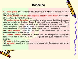 Bandeira
As cinco quinas simbolizam os 5 reis mouros que D. Afonso Henriques venceu na
batalha de Ourique.  
O escudo branco com os cinco pequenos escudos azuis dentro representa o
estandarte de D. Afonso Henriques.  
Os pontos dentro das quinas representam as cinco chagas de Cristo. Segundo a
lenda na batalha de Ourique, Jesus Cristo crucificado apareceu a D. Afonso
Henriques, e disse: "Com este sinal (o escudo branco), vencerás!". Contando as
chagas e duplicando por dois as chagas da quina do meio, perfaz-se a soma de 30,
representando os 30 dinheiros que Judas recebeu por ter traído Cristo.  
Os sete castelos simbolizam as localidades fortificadas que D. Afonso
Henriques conquistou aos Mouros.  
A esfera armilar simboliza o mundo que os navegadores portugueses
descobriram nos séculos XV e XVI e os povos com quem trocaram ideias e
comércio.  
O verde simboliza a esperança.   
O vermelho simboliza a coragem e o sangue dos Portugueses mortos em
combate... 
 