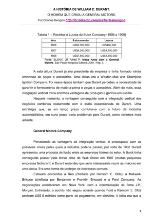 A HISTÓRIA DE WILLIAM C. DURANT:
                 O HOMEM QUE CRIOU A GENERAL MOTORS.
           Por Charles Benigno http://br.linkedin.com/in/charlesbenigno




           Tabela 1 – Receitas e Lucros da Buick Company (1906 a 1908)
                    Ano             Faturamento              Lucros
                   1906             US$2,000,000          US$400,000

                   1907             US$4,200,000         US$1,100,000

                    1908             US$7,500,000           US$1,700,000
               Fonte: SLOAN, JR Alfred P. Meus Anos com a General
               Motors. São Paulo: Negócio Editora, 2001. Pág. 3.


       A esta altura Durant já era presidente da empresa e tinha formado várias
empresas de peças e acessórios. Uma delas era a Weston-Malt and Champion
Ignition Company. Foi nessa época também que Durant percebeu a necessidade de
garantir o fornecimento de matéria-prima e peças e acessórios. Além do mais, essa
integração vertical traria enormes vantagens de produção e ganhos em escala.
       Naquele momento, a vantagem conseguida com a integração vertical dos
negócios combinou exatamente com o estilo expansionista de Durant. Uma
estratégia que, se em longo prazo combinava com o futuro da indústria
automobilística, em curto prazo traria problemas para Durant, como veremos mais
adiante.


       General Motors Company


       Percebendo as vantagens da integração vertical, e preocupado com as
possíveis crises pelas quais a indústria poderia passar, por volta de 1908 Durant
apresentou uma proposta de fusão entre as empresas líderes do setor. A Buick tinha
conseguido passar pela breve crise de Wall Street em 1907 (muitas pequenas
empresas fecharam) e Durant entendeu que seria interessante reunir as maiores em
uma única. Era uma forma de proteger os interesses comuns.
       Estavam envolvidas a Reo (chefiada por Ransom E. Olds), a Makwell-
Briscoe (chefiada por Benjamim e Franklin Briscoe) e a Ford Company. As
negociações aconteceram em Nova York, com a intermediação da firma J.P.
Morgan. Entretanto, o acordo não seguiu adiante quando Ford e Ransom E. Olds
pediram US$ 5 milhões como parte do pagamento, em dinheiro. A idéia era que a



                                                                                4
 