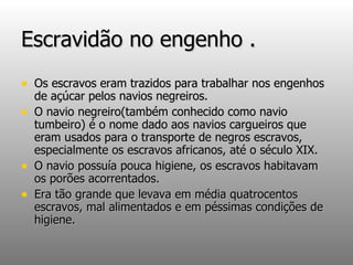 Escravidão no engenho . Os escravos eram trazidos para trabalhar nos engenhos de açúcar pelos navios negreiros. O navio negreiro(também conhecido como navio tumbeiro) é o nome dado aos navios cargueiros que eram usados para o transporte de negros escravos, especialmente os escravos africanos, até o século XIX. O navio possuía pouca higiene, os escravos habitavam os porões acorrentados. Era tão grande que levava em média quatrocentos escravos, mal alimentados e em péssimas condições de higiene. 