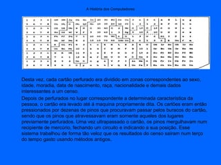 A História dos Computadores
Desta vez, cada cartão perfurado era dividido em zonas correspondentes ao sexo,
idade, moradia, data de nascimento, raça, nacionalidade e demais dados
interessantes a um censo.
Depois de perfurados no lugar correspondente a determinada característica da
pessoa, o cartão era levado até á maquina propriamente dita. Os cartões eram então
pressionados por dezenas de pinos que procuravam passar pelos buracos do cartão,
sendo que os pinos que atravessavam eram somente aqueles dos lugares
previamente perfurados. Uma vez ultrapassado o cartão, os pinos mergulhavam num
recipiente de mercúrio, fechando um circuito e indicando a sua posição. Esse
sistema trabalhou de forma tão veloz que os resultados do censo saíram num terço
do tempo gasto usando métodos antigos.
 
