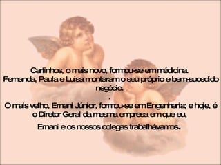 Carlinhos, o mais novo, formou-se em médicina.  Fernanda, Paula e Luisa montaram o seu próprio e bem-sucedido negócio.  .  O mais velho, Ernani Júnior, formou-se em Engenharia; e hoje, é o Diretor Geral da mesma empresa em que eu,  Ernani e os nossos colegas trabalhávamos .  