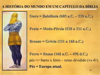 A HISTÓRIA DO MUNDO EM UM CAPÍTULO DA BÍBLIA

            Ouro = Babilônia (605 a.C. – 539 a.C.)


            Prata = Medo-Pérsia (538 a 331 a.C.)


            Bronze = Grécia (331 a 168 a.C.)


            Ferro = Roma (168 a.C. – 476 d.C.)
            pés => barro x ferro – reino dividido (vs 41)
            Pés = Europa atual.
                                                   16
 