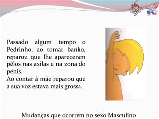 Passado algum tempo o
Pedrinho, ao tomar banho,
reparou que lhe apareceram
pêlos nas axilas e na zona do
pénis.
Ao contar à mãe reparou que
a sua voz estava mais grossa.
Mudanças que ocorrem no sexo Masculino
 