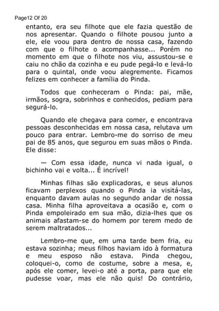 Page12 Of 20

entanto, era seu filhote que ele fazia questão de
nos apresentar. Quando o filhote pousou junto a
ele, ele voou para dentro de nossa casa, fazendo
com que o filhote o acompanhasse... Porém no
momento em que o filhote nos viu, assustou-se e
caiu no chão da cozinha e eu pude pegá-lo e levá-lo
para o quintal, onde voou alegremente. Ficamos
felizes em conhecer a família do Pinda.
Todos que conheceram o Pinda: pai, mãe,
irmãos, sogra, sobrinhos e conhecidos, pediam para
segurá-lo.
Quando ele chegava para comer, e encontrava
pessoas desconhecidas em nossa casa, relutava um
pouco para entrar. Lembro-me do sorriso de meu
pai de 85 anos, que segurou em suas mãos o Pinda.
Ele disse:
— Com essa idade, nunca vi nada igual, o
bichinho vai e volta... É incrível!
Minhas filhas são explicadoras, e seus alunos
ficavam perplexos quando o Pinda ia visitá-las,
enquanto davam aulas no segundo andar de nossa
casa. Minha filha aproveitava a ocasião e, com o
Pinda empoleirado em sua mão, dizia-lhes que os
animais afastam-se do homem por terem medo de
serem maltratados...
Lembro-me que, em uma tarde bem fria, eu
estava sozinha; meus filhos haviam ido à formatura
e meu esposo não estava. Pinda chegou,
coloquei-o, como de costume, sobre a mesa, e,
após ele comer, levei-o até a porta, para que ele
pudesse voar, mas ele não quis! Do contrário,

 