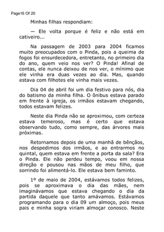 Page16 Of 20

Minhas filhas respondiam:
— Ele volta porque é feliz e não está em
cativeiro...
Na passagem de 2003 para 2004 ficamos
muito preocupados com o Pinda, pois a queima de
fogos foi ensurdecedora, entretanto, no primeiro dia
do ano, quem veio nos ver? O Pinda! Afinal de
contas, ele nunca deixou de nos ver, o mínimo que
ele vinha era duas vezes ao dia. Mas, quando
estava com filhotes ele vinha mais vezes.
Dia 04 de abril foi um dia festivo para nós, dia
do batismo da minha filha. O ônibus estava parado
em frente à igreja, os irmãos estavam chegando,
todos estavam felizes.
Neste dia Pinda não se aproximou, com certeza
estava temeroso, mas é certo que estava
observando tudo, como sempre, das árvores mais
próximas.
Retornamos depois de uma manhã de bênçãos,
nos despedimos dos irmãos, e ao entrarmos no
quintal, quem estava em frente a porta da sala? Era
o Pinda. Ele não perdeu tempo, voou em nossa
direção e pousou nas mãos de meu filho, que
sorrindo foi alimentá-lo. Ele estava bem faminto.
1º de maio de 2004, estávamos todos felizes,
pois se aproximava o dia das mães, nem
imaginávamos que estava chegando o dia da
partida daquele que tanto amávamos. Estávamos
programando para o dia 09 um almoço, pois meus
pais e minha sogra viriam almoçar conosco. Neste

 