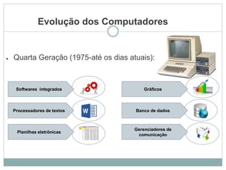 Evolução dos Computadores
● Quarta Geração (1975-até os dias atuais):
Softwares integrados
Planilhas eletrônicas
Processadores de textos
Gráficos
Banco de dados
Gerenciadores de
comunicação
11
 