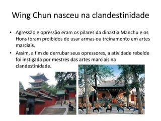 Wing Chun nasceu na clandestinidade
• Agressão e opressão eram os pilares da dinastia Manchu e os
Hons foram proibidos de usar armas ou treinamento em artes
marciais.
• Assim, a fim de derrubar seus opressores, a atividade rebelde
foi instigada por mestres das artes marciais na
clandestinidade.
 