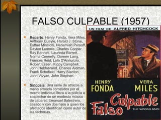 FALSO CULPABLE (1957) Reparto : Henry Fonda, Vera Miles, Anthony Quayle, Harold J. Stone, Esther Minciotti, Nehemiah Persoff, Dayton Lummis, Charles Cooper, Ray Bennett, Laurinda Barrett, Norma Connelly, Doreen Lang, Frances Reid, Lola D'Annunzio, Robert Essen, Kippy Campbell, John Heldabrand, Charles Aidman, Frank Schofield, Harry Stanton, John Vivyan, John Stephen. Sinopsis : Una serie de atracos a mano armada cometidos por el mismo individuo lleva a la policía a sospechar de un modesto músico de cabaret, Emanuel Balestrero, casado y con dos hijos a quien los afectados identifican como autor de las fechorías. 