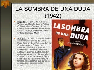 LA SOMBRA DE UNA DUDA (1942) Reparto : Joseph Cotten, Teresa Wright, MacDonald Carey, Patricia Collinge, Henry Travers, Hume Cronyn, Wallace Ford, Janet Shaw, Estelle Jewell, Eily Malyon, Ethel Griffies, Clarence Muse  Sinopsis : A casa de sus familiares en el tranquilo pueblo de Santa Rosa llega un día el “encantador” tío Charlie (Joseph Cotten), un seductor criminal que viaja de Filadelfia a California y al que la justicia va pisando los talones. Sin embargo, su sobrina, “la pequeña Charlie”, que se llama como él y no sabe nada de sus actividades, no tardará en sospechar que su tío es el misterioso asesino de las viudas...  